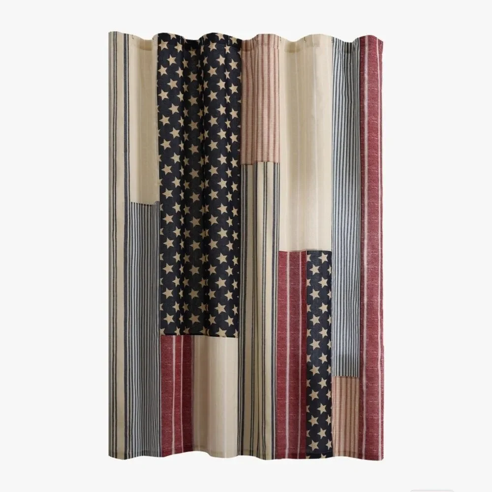 Americana Stars Stripes 100% Cotton Fabric Shower Curtain Farmhouse Cottagecore